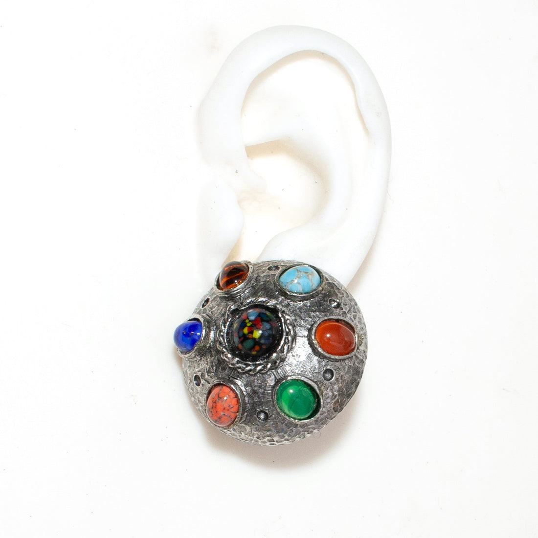 DOTTED MULTI COLORED SILVER DOMED CLIP EARRING