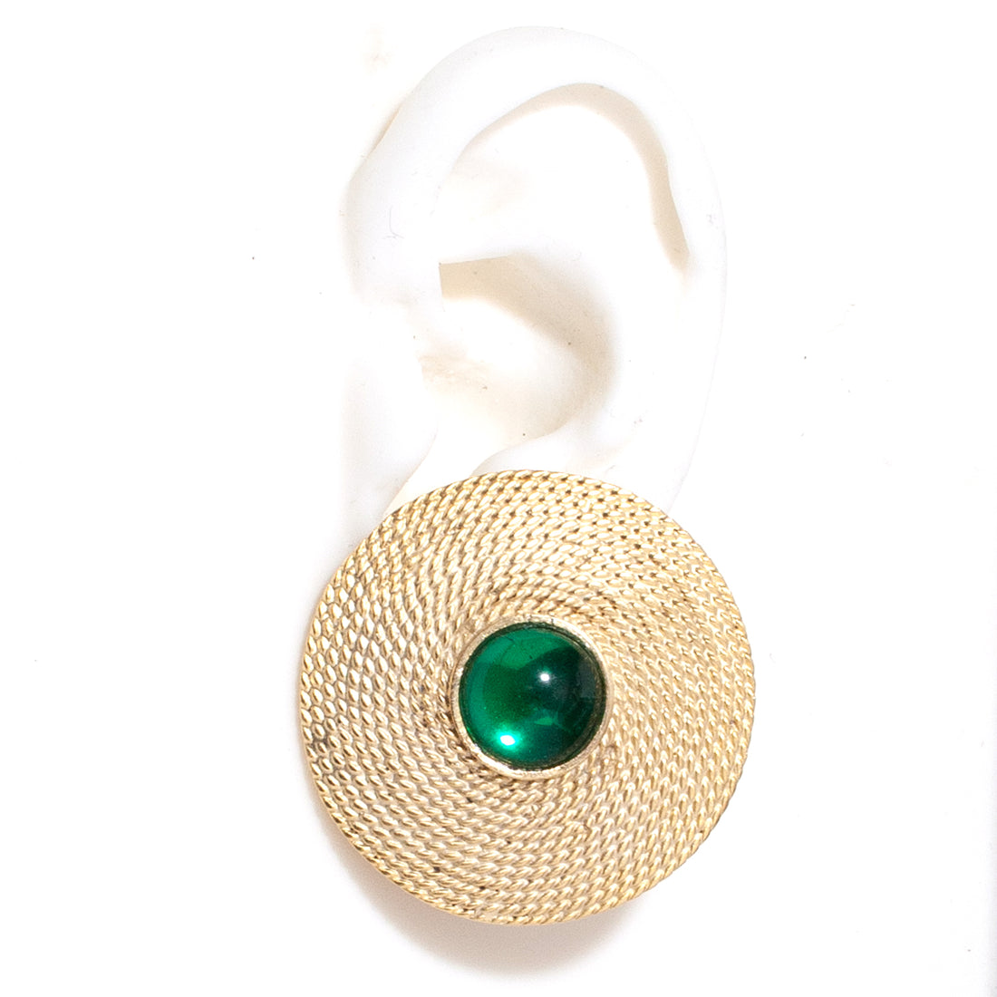 GOLD ROPE TEXTURED VINTAGE CLIP ON EARRINGS WITH EMERALD GREEN STONE