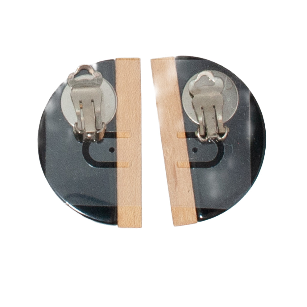 VINTAGE BLACK WITH WOOD DETAIL CLIP EARRINGS