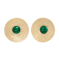 GOLD ROPE TEXTURED VINTAGE CLIP ON EARRINGS WITH EMERALD GREEN STONE
